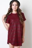 Plaid Rolled Sleeves Tunic T-Shirt Dress