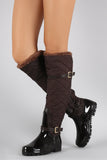 Fur Cuff Quilted Puffer Buckled Knee High Rain Boots