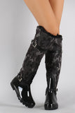 Fur Cuff Camouflage Quilted Puffer Buckled Knee High Rain Boots