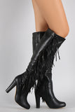 Vegan Leather Falling Fringe Chunky Heel Boots