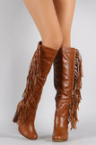 Vegan Leather Falling Fringe Chunky Heel Boots