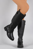 Buckled Quilted Shaft Round Toe Riding Knee High Boots