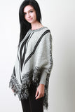 Fringe Hem Marled Knit Tribal Pattern Poncho