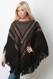 Fringe Hem Patterned Crew Neck Poncho