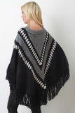 Fringe Hem Patterned Crew Neck Poncho