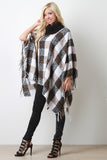 Plaid Contrast Turtleneck Fringe Poncho