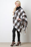 Plaid Contrast Turtleneck Fringe Poncho