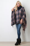 Plaid Contrast Turtleneck Fringe Poncho