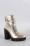 Metallic Western Slits Pointy Toe Lug Platform Chunky Heel Boots