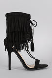 Wild Diva Lounge Fringe Cuff Tassel Lace Up Open Toe Heel