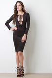 Suede Deep-V Corset Long Sleeves Bodycon Midi Dress