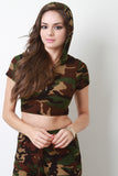 Camouflage Print Hooded Short Sleeves Crop Top