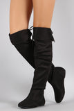 Suede Round Toe Cuff Bow Tie Over-The-Knee Flat Boots