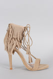 Suede Layered Fringe Lace Up Open Toe Heel