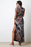 Tie Dye Mock Neck Short Sleeves Slit Maxi Dress