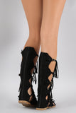 Qupid Suede Fringe Strappy Buckled Gladiator Flat Sandal