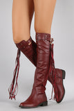 Lycra Buckle Tassel Round Toe Riding Knee High Boot