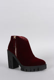 Velvet Pointy Toe Zip Up Lug Sole Platform Heeled Booties