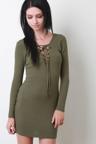 Ribbed Lace Up Long Sleeve Dress