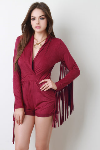 Fringe Sleeves Vegan Suede Romper