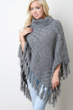 Mixed Cable Knit Turtleneck Tassel Hem Poncho