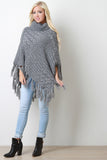 Mixed Cable Knit Turtleneck Tassel Hem Poncho