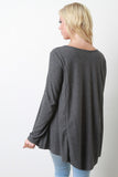 Ribbed Knit Pocket Long Sleeves High Low Babydoll Top