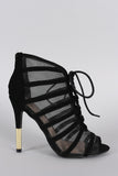 Qupid Mesh Lace Up Peep Toe Stiletto Heel