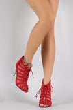 Qupid Mesh Lace Up Peep Toe Stiletto Heel