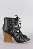 Qupid Lace Up Cutout Peep Toe Chunky Heel