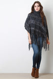 Marled Cable Knit Turtleneck Tassel Hem Poncho