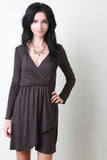 Faux Suede Long Sleeve Surplice Skater Dress