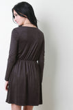 Faux Suede Long Sleeve Surplice Skater Dress