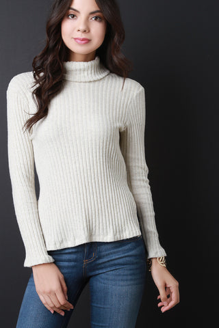 Ribbed Knit Turtleneck Slit Sweater Top