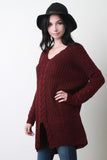 V-Neck Cable Knit Sleeves Long Sweater