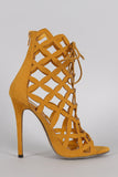 Liliana Suede Caged Intricate Laser-Cut Lace Up Heel