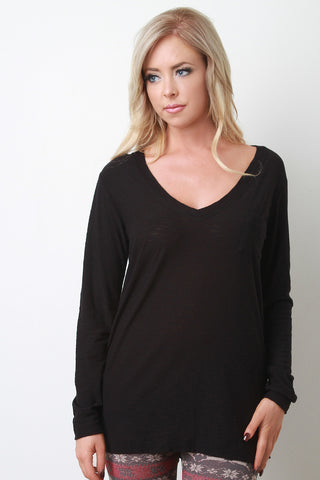 V-Neck Pocket Long Sleeves Casual Top