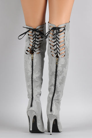 Houndstooth Back Lace Up Pointy Toe Stiletto Over-The-Knee Boots