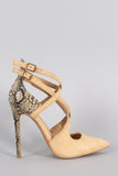 Shoe Republic LA Suede CrissCross Pointy Toe Snake Stiletto Pump