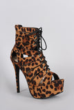 Anne Michelle Leopard Caged Lace Up Platform Heel