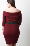 Plate Belt Off Shoulder Ribbed Knit Dress