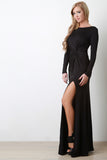 Goddess Off-Center Knotted Long Sleeve Maxi Dress