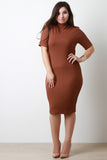 Mock Neck Elbow-Sleeves Bodycon Midi Dress