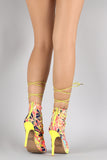 Qupid Graphic Print Corset Lace Up Peep Toe Heel