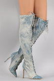 Studded Distressed Denim Lace Up Over-The-Knee Stiletto Boots