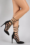 Suede Caged Lace Up Pointy toe Stiletto Pump