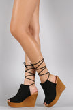 Qupid Faux Wooden Mule Lace Up Wedge