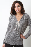 Marled Knit V-Neck Drawstring Hoodie Sweater