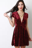 Velvet Deep V-Neck Cap Sleeves Flare Cocktail Dress