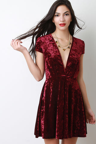 Velvet Deep V-Neck Cap Sleeves Flare Cocktail Dress